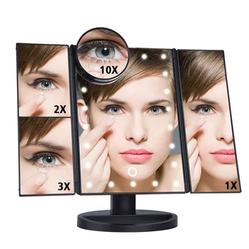 22 Svetlo make-up Zrkadlo s LED Dotykový Displej Tabuľka Desktop make-up 1X/2X/3X/10X Zväčšovacie Zrkadlá Márnosť 3 Skladacie Nastaviteľné Zrkadlo