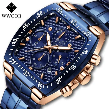 WWOOR Pánske náramkové hodinky Quartz 2022 Módne Športové Luxusné Chronograf Námestie Hodinky s Nehrdzavejúcej Ocele 316, Modrá Vojenské Hodiny